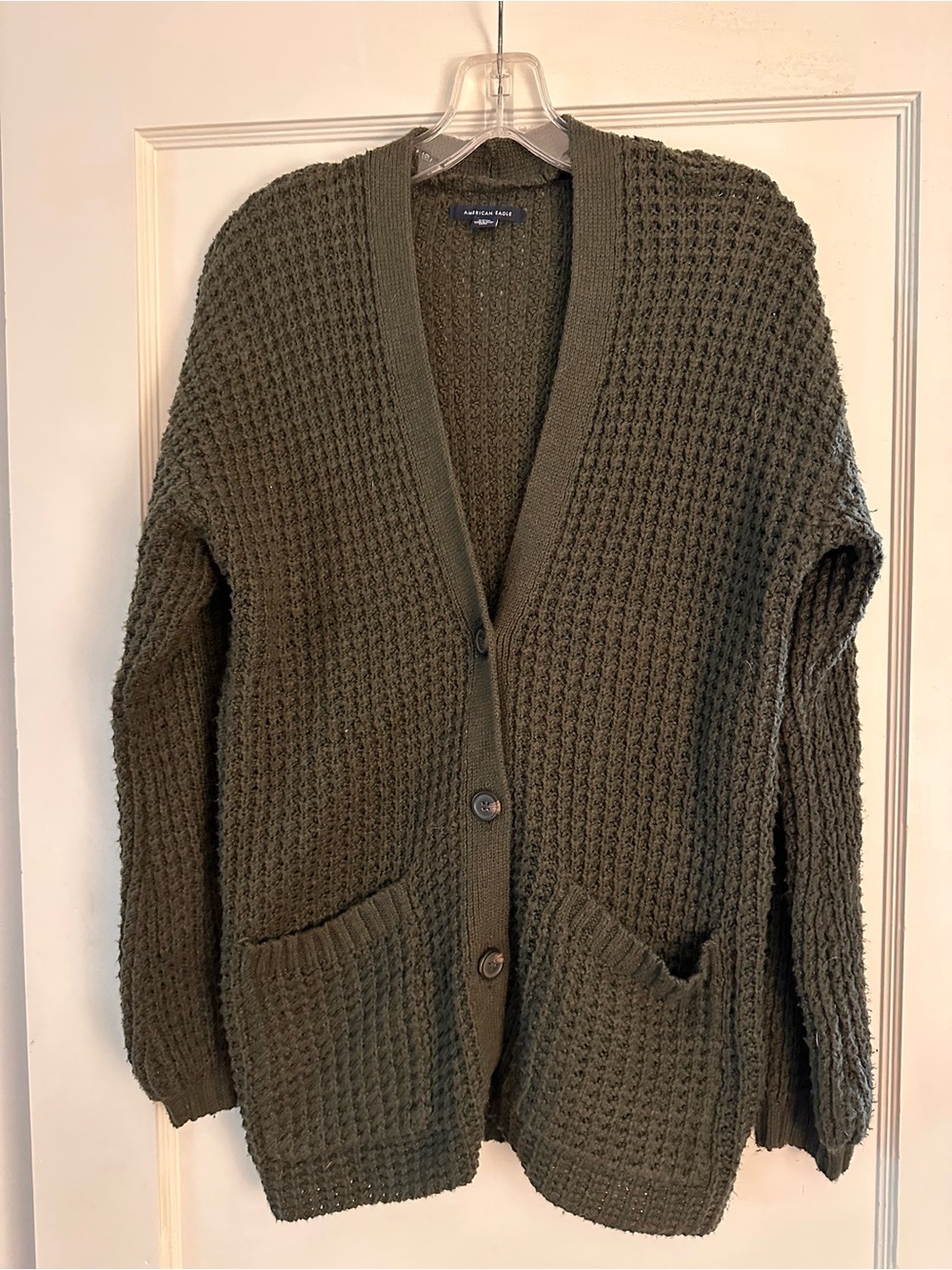 American Eagle Outfitters Olive Green Waffle Knit Button Cardigan